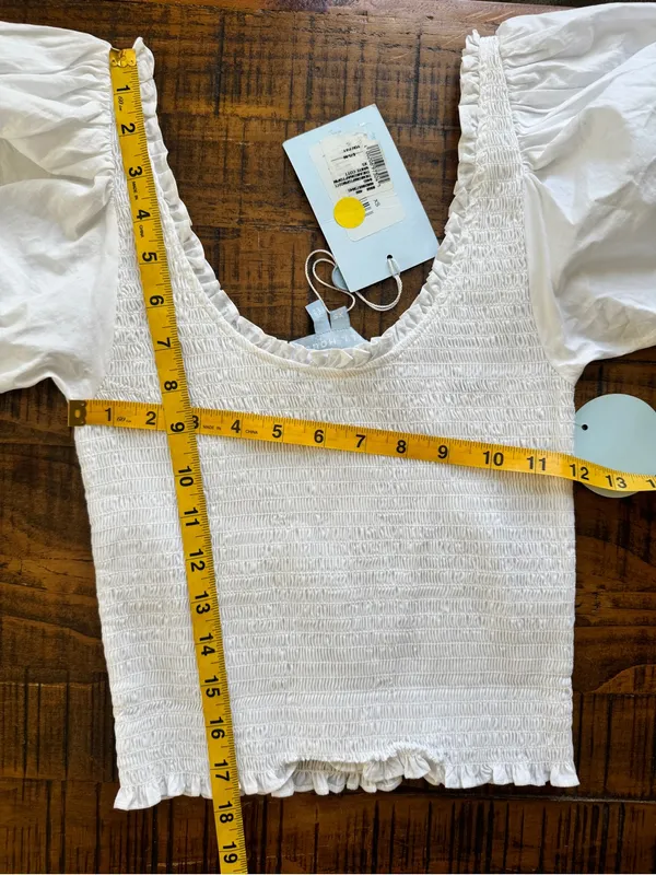 HILL HOUSE The Nap Top White Smocked Cropped Short Puff Sleeve XS NEW - Image 5