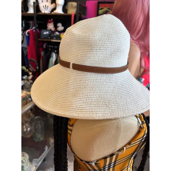 Nine West White Woven Straw Wide Brim Sun Hat with Brown Faux Leather Band Studs - Image 3
