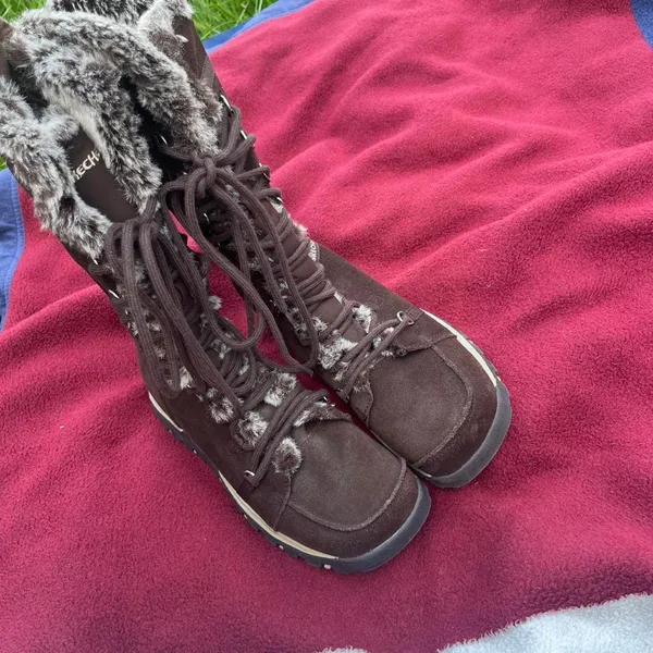 Vtg Skechers Y2K Women’s Faux Fur Boots Brown Suede Lace Up Grand Jams Size 7.5 - Image 3