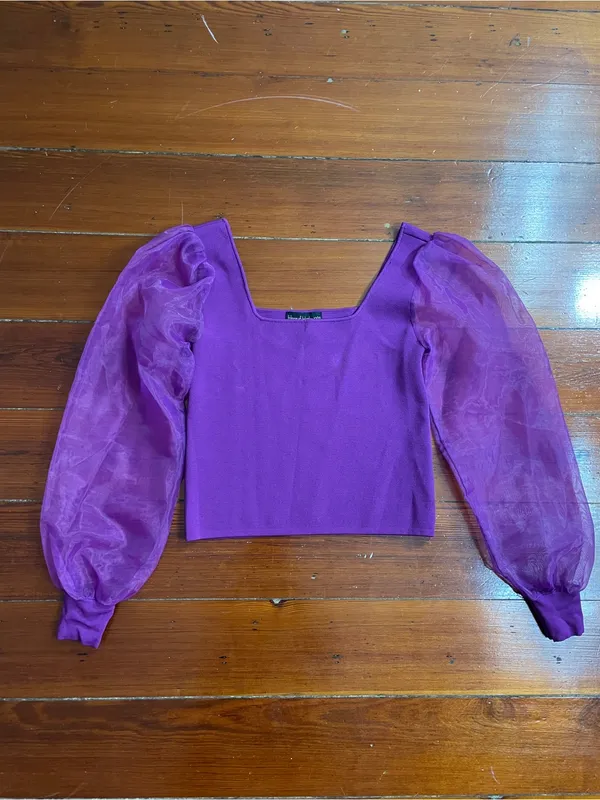 House of Harlow 1960 Sheer Puff Sleeve Chiffon Square Neck Crop Top Sz XS 💚🎀 - Image 5