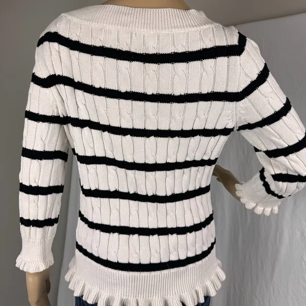 American Living White With‎ Black Stripes Sweater Women's Size Medium Ruffles - Image 2