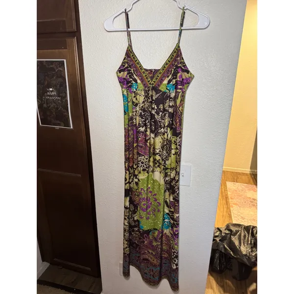 ICE Petite Y2K Maxi Dress Purple Green Paisley Floral Empire Waist Size 4P - Image 2