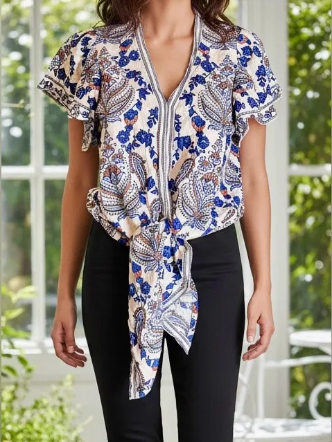 Max Studio Boho Paisley Tie Front Blouse M Blue Cream Coastal Top Anthro-Style - Image 3