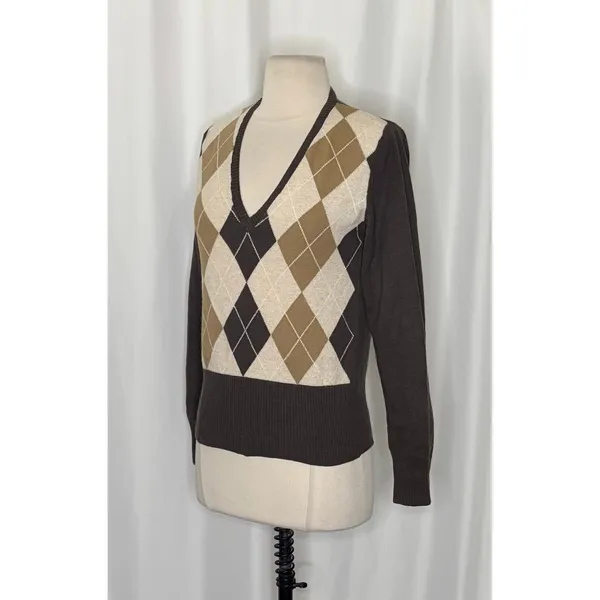 UNITED COLORS OF BENETTON Argyle Wool Blend V-Neck Sweater Preppy Size Small - Image 5