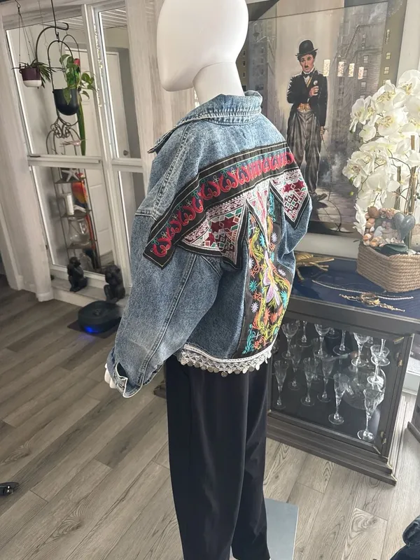 Chance Off Embroidered Boho Denim Jacket with Coin Fringe One Size - Image 7