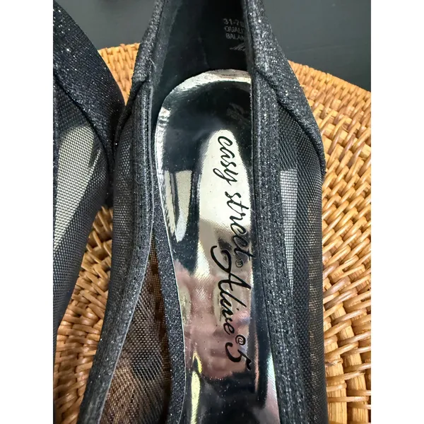 Easy Street Alive 5 Black Glitter Meshi Peep Toe Kitten Heel Pumps Evening Shoes - Image 8