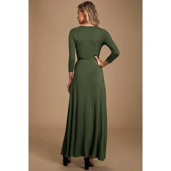 Lulus Garden District Olive Green Wrap Maxi Dress Stretch Jersey Knit Small NWT - Image 4