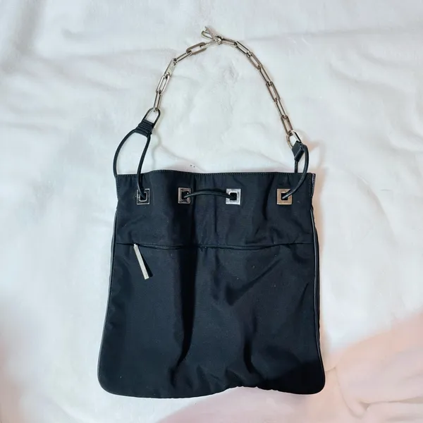 Gucci Drawstring Bucket Bag Leather Silver Chain Link Strap Nylon Vintage - Image 2