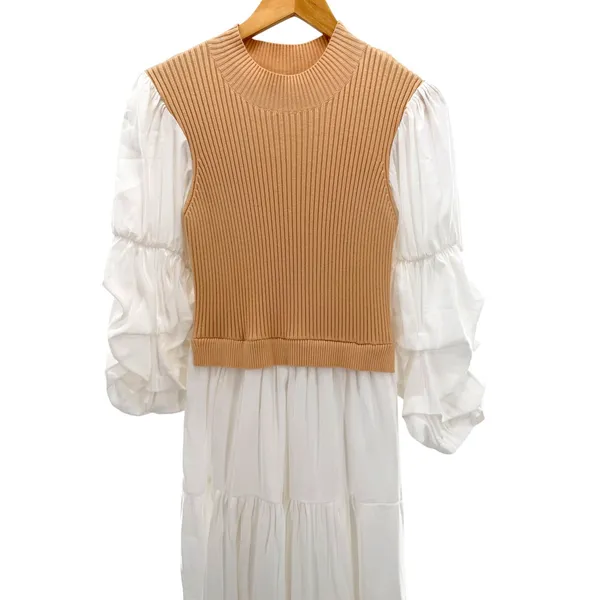 English Factory Tan‎ Ribbed Vest Puff Sleeve Tiered Maxi Dress Small Neutral - Image 4