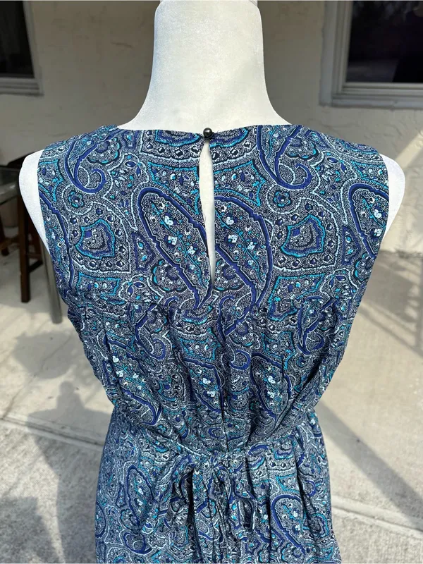 GAP Blue Paisley Shirred Swing Dress Tie Waist Pockets Size M - Image 7