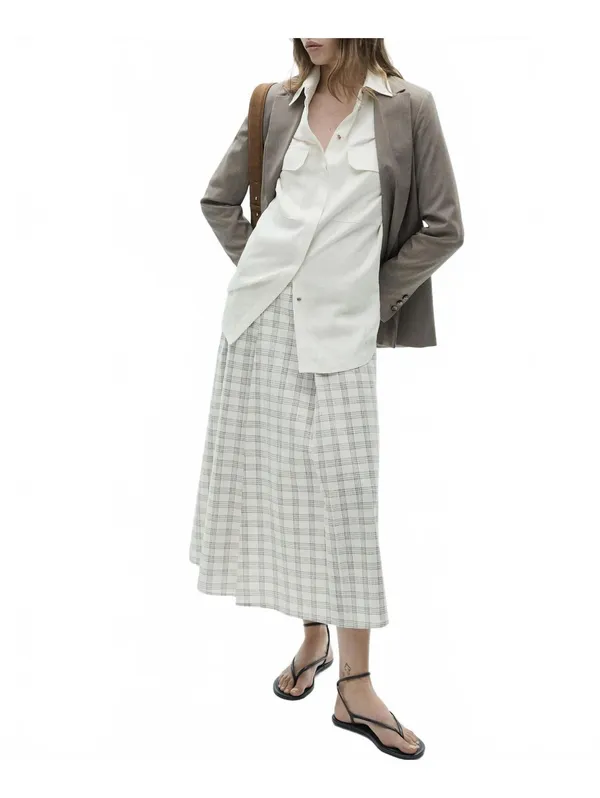 Mango Gingham Check Flared Skirt Ecru Beige Tan NWT Small - Image 7