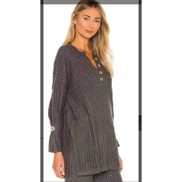 NWT Free People Around The Clock‎ Henley S Charcoal Ribbed Stretch Minimalist - Image 2