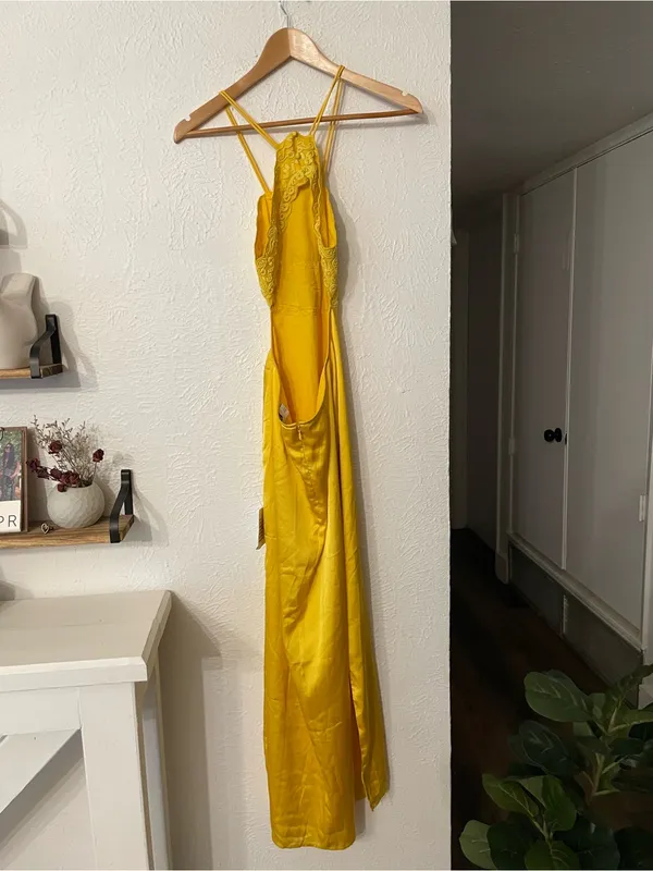 NWT ASOS Yellow Embroidered Bodice Satin Bias Midi Dress Size 2 - Image 5