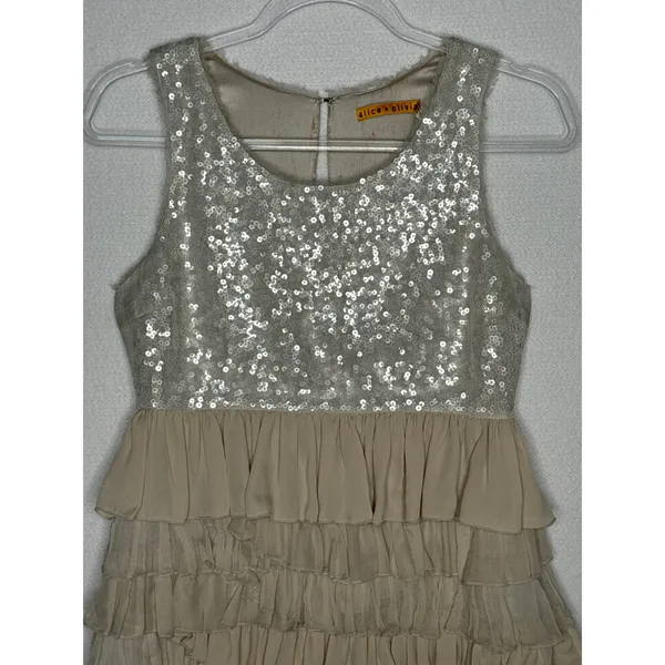 Alice + Olivia 2000s Silk Ruffle Tiered Sequin Dress Neutral Small - Image 3