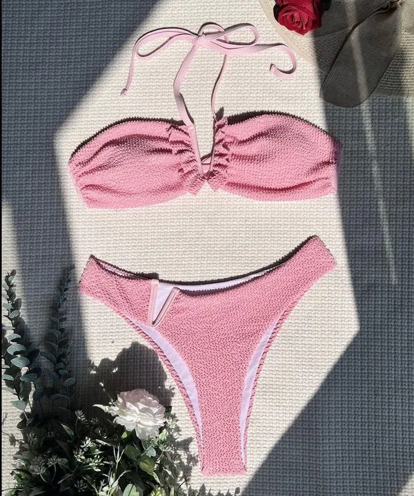 Pink Ruched halter bikini set - Image 4