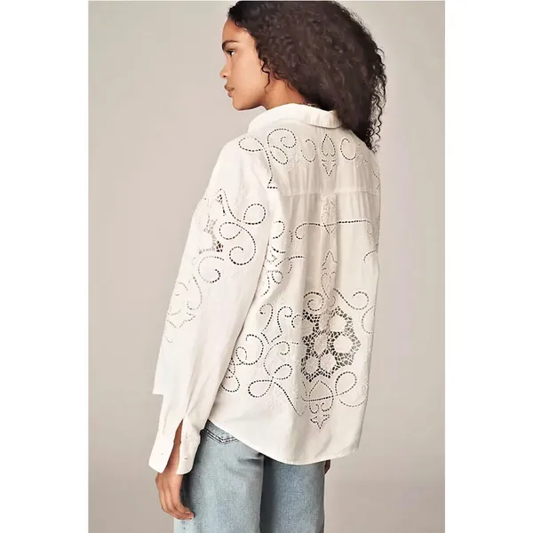 NWT By Anthropologie White Button Up Eyelet Blouse Floral Breezy Spring Size M - Image 4