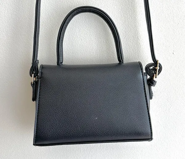 Small Black Top Handle Crossbody Faux Pebble Leather Snap Closure Bag - Image 9