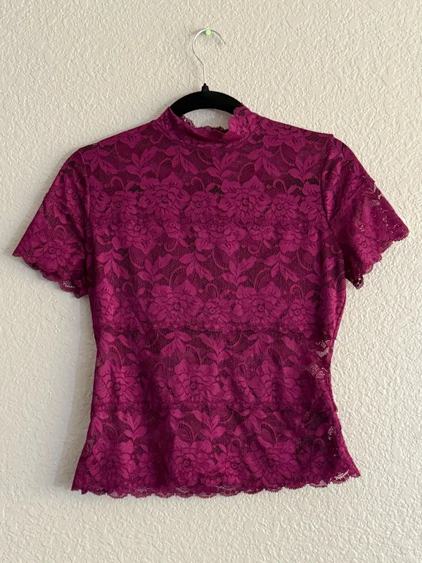 GUESS Burgundy Plum Floral Lace Mock Neck Sheer Top Small Dark Romantic Fairy - Image 3
