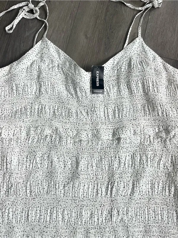 NWT Express White Black Polka Dot Smocked Midi Dress XL Tie Strap - Image 5