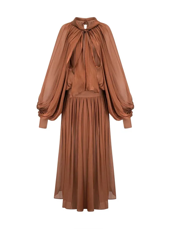 Miss Rosier Mila Brown Pleated Satin Maxi Dress size small - Image 3