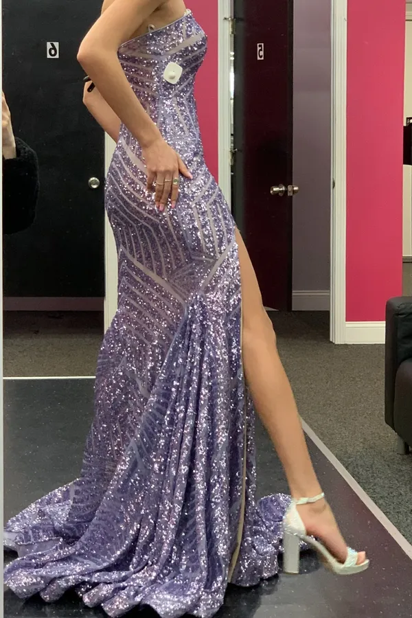 Jovani Chevron Sequin Strapless High Slit Gown - Image 3