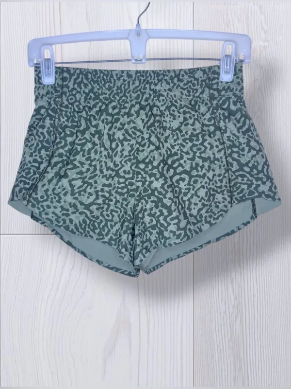 ATHLETA Sage Green Leopard Print Running Shorts | Dolphin Hem Lined - Image 3