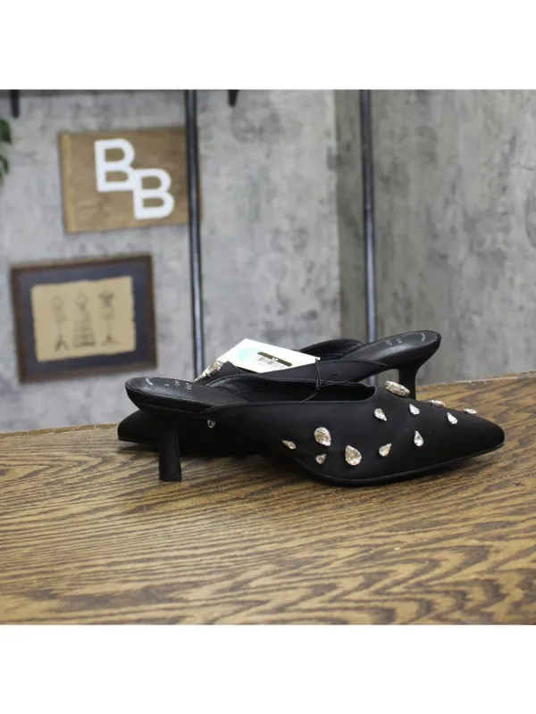 A New Day Katia Rhinestone Teardrop Satin Mule Heels 94663382 Black 8.5M - Image 6