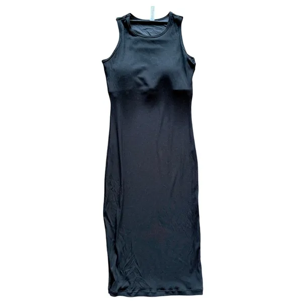 Popilush Black Ribbed Stretch Sleeveless Midi Built in Bra Dress - Image 2