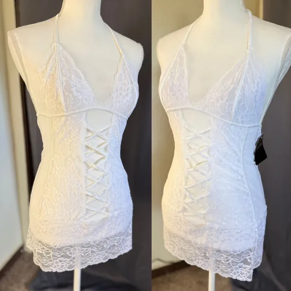 Frederick's of Hollywood Seduction Lace Halter Chemise Women Medium White NWT - Image 6