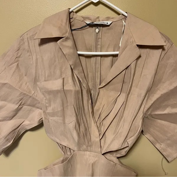 Zara Beige Pleated Short Sleeve Dress - Image 3