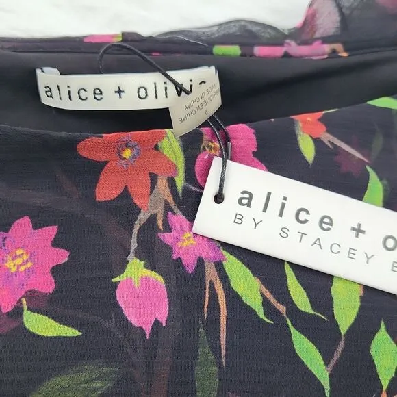 Alice + Olivia Black Floral Silk‎ Chiffon Lexis Sakura Mini Dress Off Shoulder 6 - Image 8