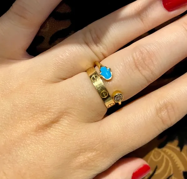 Handmade New Gold Plated Turquoise Hamsa Adjustable Open Ring - Image 2