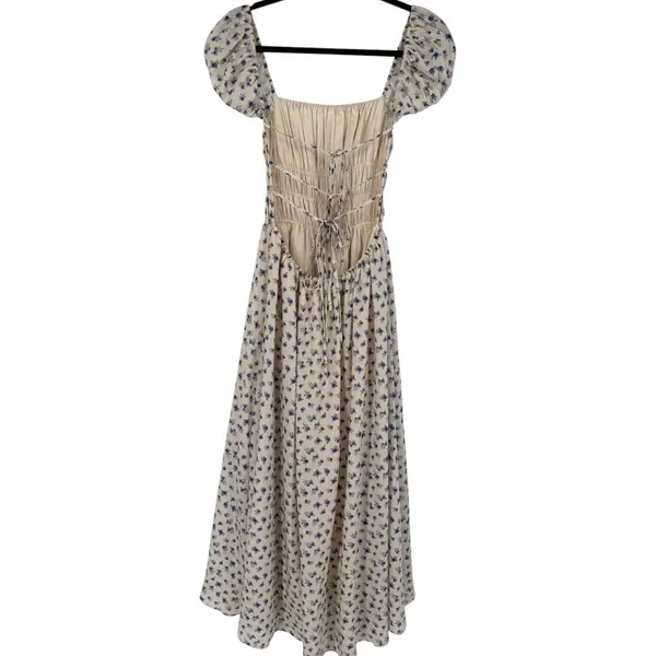 MABLE Analise Floral Smocked Open Back Lace Up‎ Maxi Dress Cream Blue Size Small - Image 6
