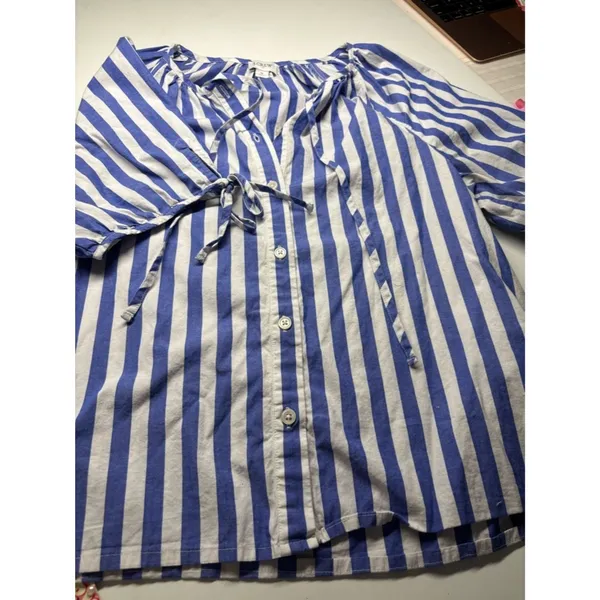 J.Crew Blue White Striped Blouse Tie Neck Puff Sleeve Coastal Chic - Image 10