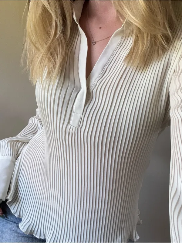 Newport News Vintage Pleated Cream Long-Sleeve Collared Top - Image 6