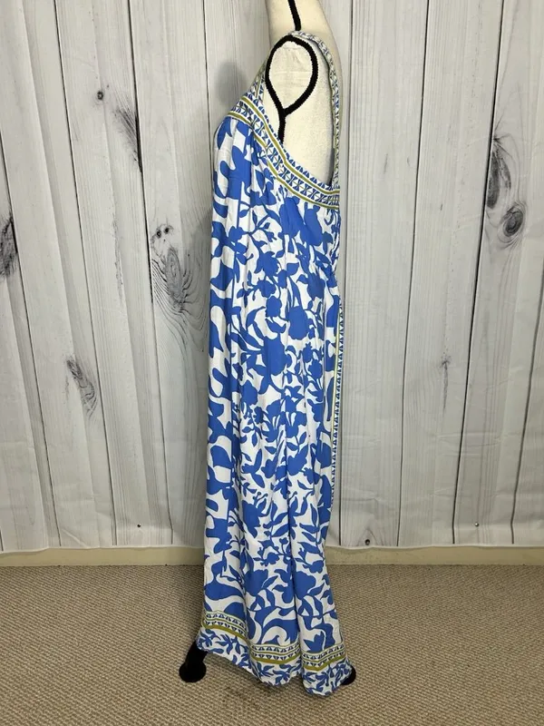 Vince Camuto Floral Border Print Smocked Back Maxi Dress Blue White Sz L Rayon - Image 5