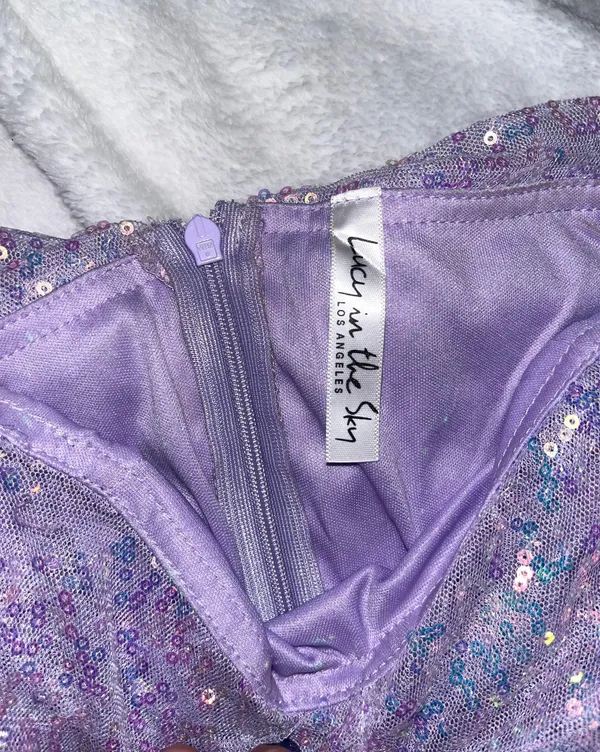 Lucy in the Sky Iridescent Sequin Corset Dress in Purple - Image 4