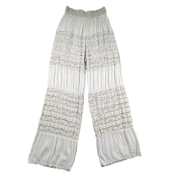 Made in Italy Lace Tiered Wide Leg Pants Womens M L Gray Boho Ruffle Crinkle - Image 2
