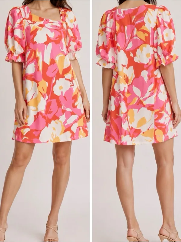 CROSBY by Mollie Burch Brooklyn Floral Coral Puff Sleeve Mini Dress - Image 7