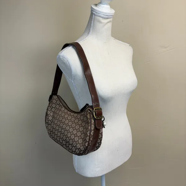 Vintage Nine West Y2K Brown Cream Geometric Lattice Pattern Shoulder Bag - Image 5