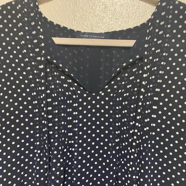 Tommy Hilfiger Navy Polka Dot Tie Front Semi Sheer Blouse Women’s Medium - Image 5