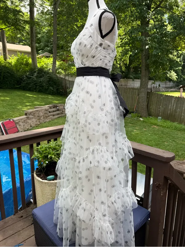 BCBG MAXAZRIA DRESS Maxi Formal LONG GOWN WHITE BLACK POLKA DOT 4 S Ruffle - Image 5
