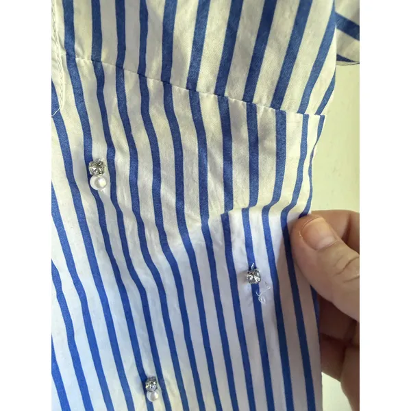 Talbots Petite Blue White Stripe Pearl Embellished Cotton Button Front Shirt SP - Image 4