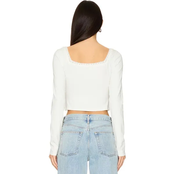 Free‎ People Ivory Lace Trim Long Sleeve Crop Top Square Neck White Medium NEW - Image 3