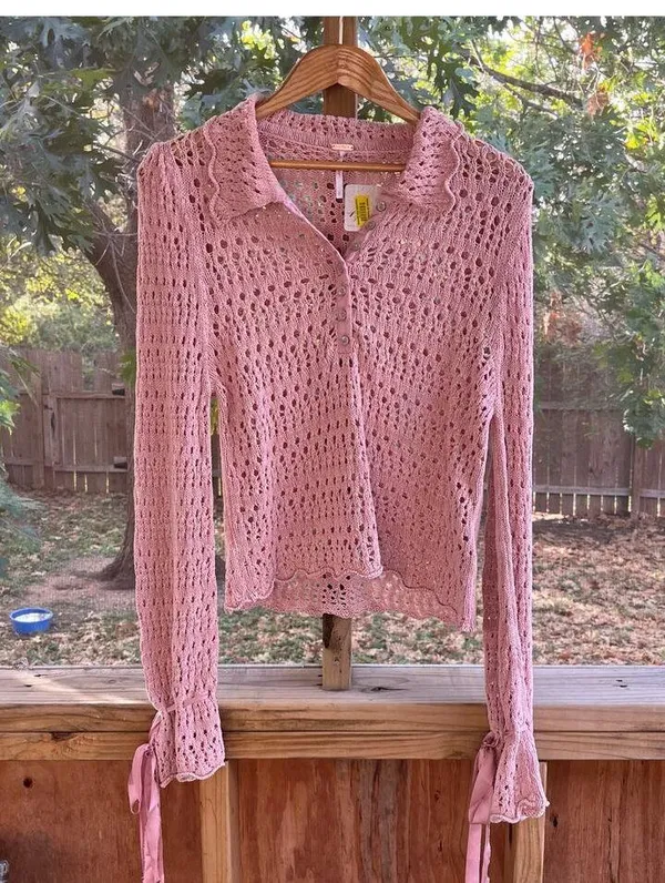Free People Pointelle Pullover Sweater In Mauve Rose Size L. NEW - Image 6