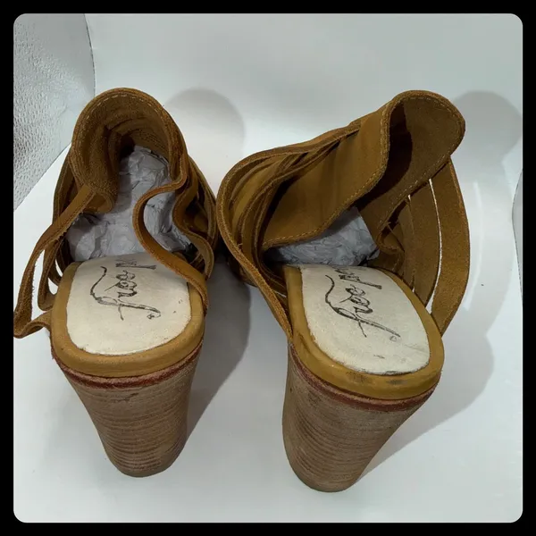 Free People Byron Brown Suede Strappy Mules Women 37 Tan Leather Block Heel Boho - Image 3