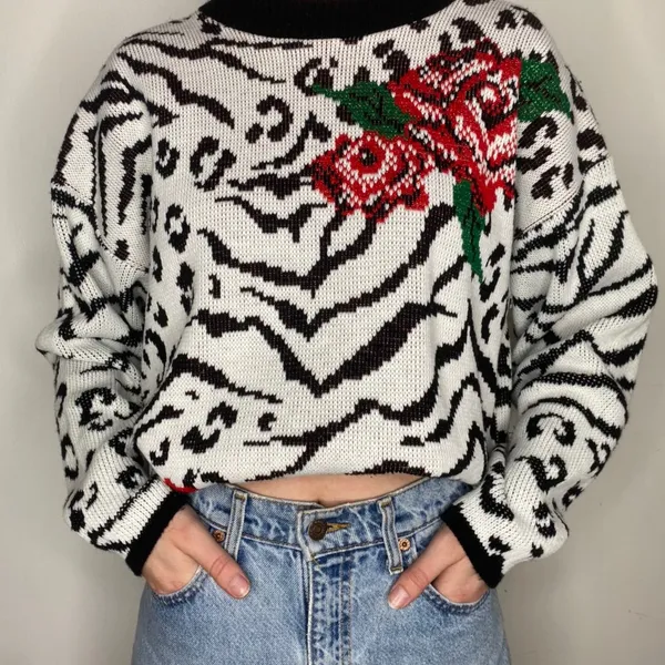 Vintage 80s Zebra Leopard Rose Print Sweater White Size M - Image 4