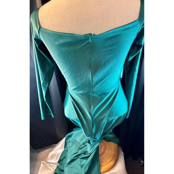 Emerald Green Long Sleeve V-Neck Wrap Maxi Dress Mermaid Formal Gown S - Image 11