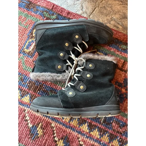 Sorel Explorer Joan Women's 8.5 Waterproof Black Suede‎ Faux Fur Winter Boots - Image 4