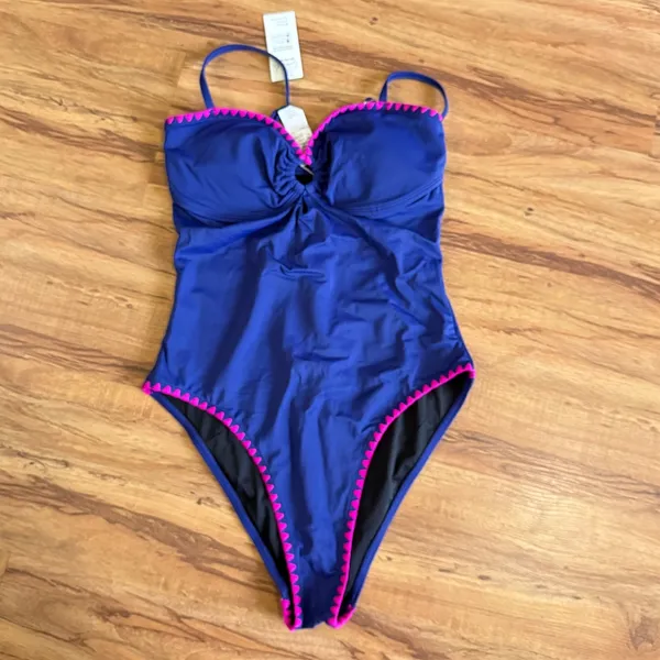 Cupshe Blue‎ Pink Scalloped One Piece Swimsuit Keyhole Ruched Small - Image 2